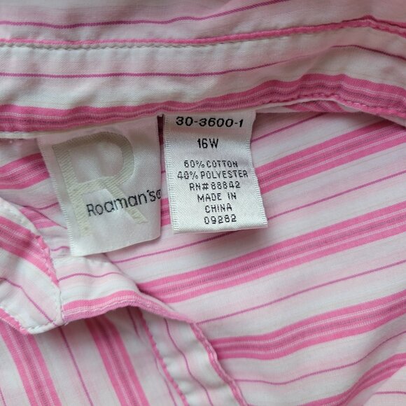Roamans Womens Top 16W Plus Cuff Sleeve Button Up Pink Stripe STR159E - Picture 8 of 9